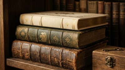 Винтажный семейный фотоальбом и коробка с памятными вещами на книжной полке