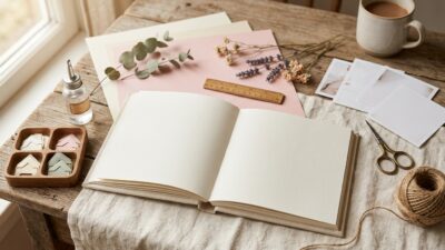 Безопасные материалы для детского альбома: ПВА-клей, бескислотная бумага, фотоуголки на крафтовом столе