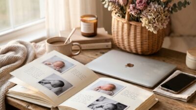 Бумажный детский альбом, флешка и смартфон с детскими фото на деревянном столе