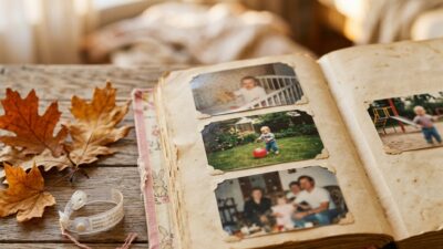 Открытый винтажный детский фотоальбом 1990-х годов на деревянном столе с засушенным листом и бирочкой из роддома