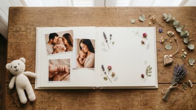 Открытый семейный фотоальбом с фото родителей и малыша, сухоцветы и игрушка-мишка