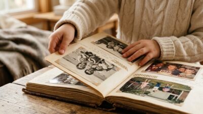 Детские руки листают старый семейный фотоальбом с фотографиями