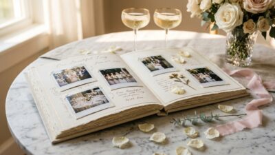 Открытый свадебный фотоальбом MiaWorkStudio с рукописными пожеланиями подружек невесты на девичнике