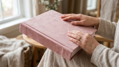 Матовая бархатистая обложка фотоальбома soft touch в руках, мягкий свет